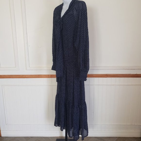SOLD Michael Kors Womens Dress Large Polka Dot Georgette Tie-Neck Navy Poet Slv - Picture 5 of 12